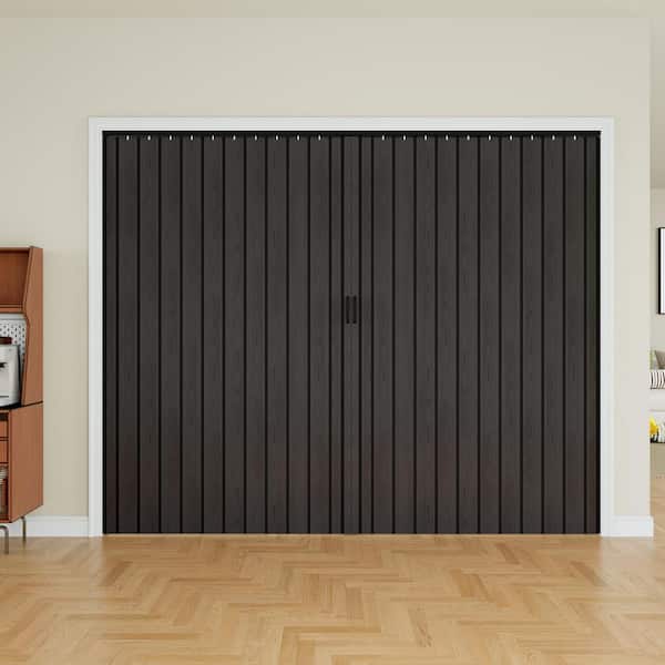 96 in. x 80 in. Black Woodgrain Vinyl PVC Accordion Door, Interior Folding Doors with Installation Hardware
