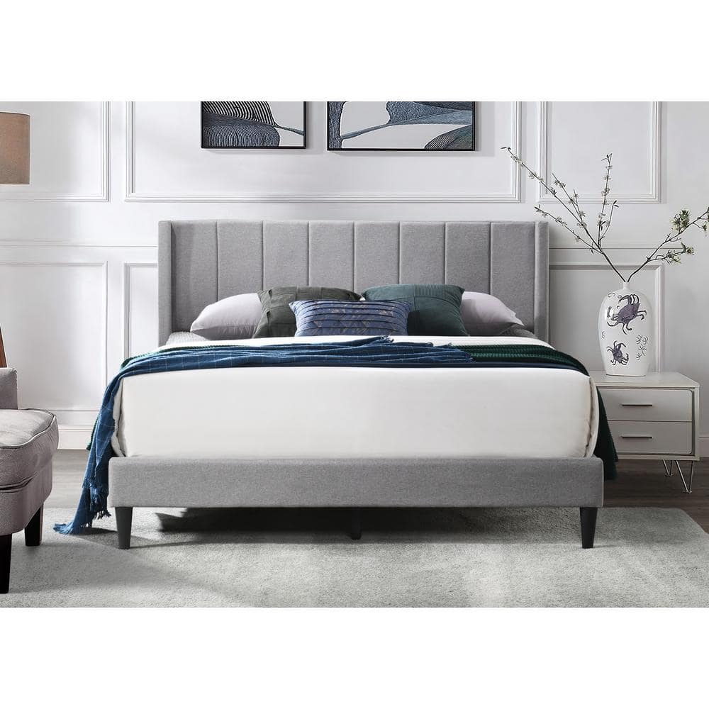Dwell Home Inc Isabella Light Gray Linen Upholstered Frame, King Platform Bed with Vertical Channel Tufted Wingback Headboard, Light Grey -  BD-ISA-K-CFF354
