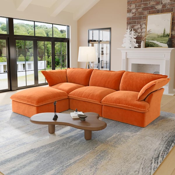 122.82 in. 4-Piece Flared Arm Modular Velvet Modern Sectional Sofa in Orange 4-Pieces