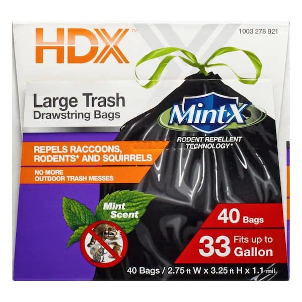 MINT-X Rodent-Repellent Recycled Trash Bag: 38 gal Capacity, 33 in Wd, 46  in Ht, Black, Flat, 100 PK