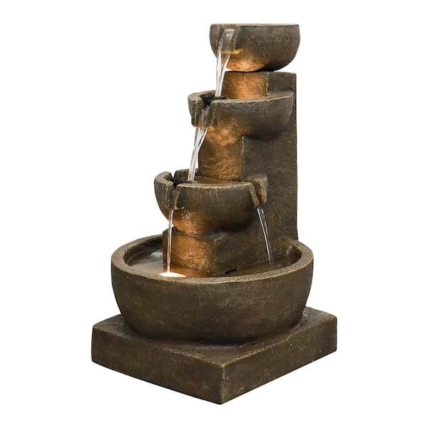 Watnature 27.7in. H Concrete Outdoor Fountain - 4-Tiered Zen Garden Cascading Waterfall Feature with Lights for Patio, Yard, Deck