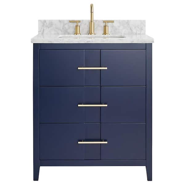 CHAMELEON CONCEPTS Emblem 30 in. W x 21 in. D x 34 in. H Single Sink Bath Vanity in Navy with Carrara Marble Top and Ceramic Basin