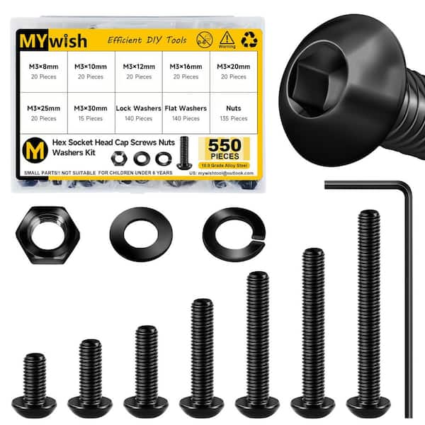 550-Piece M3 Black Oxide Grade 10.9 Hex Drive Button Head Socket Head Cap Screws Assortment Kit with Nuts and Washers