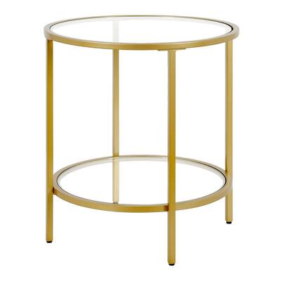 Sivil 20 in. Brass Round Glass Side Table with Glass Shelf