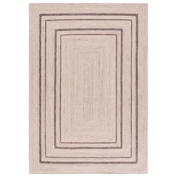 Braided 4 ft. x 6 ft. Beige/Brown Striped Border Solid Color Area Rug