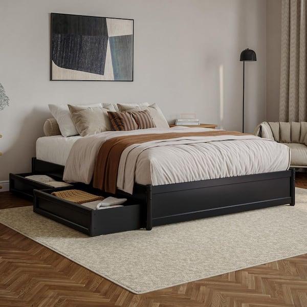 Barcelona Black Solid Wood Frame Queen Panel Platform Bed with Storage Drawers