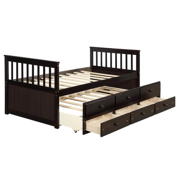 Tatahance 76 in.W Espresso Twin Size Platform Bed with Trundle Bed and Storage Drawers