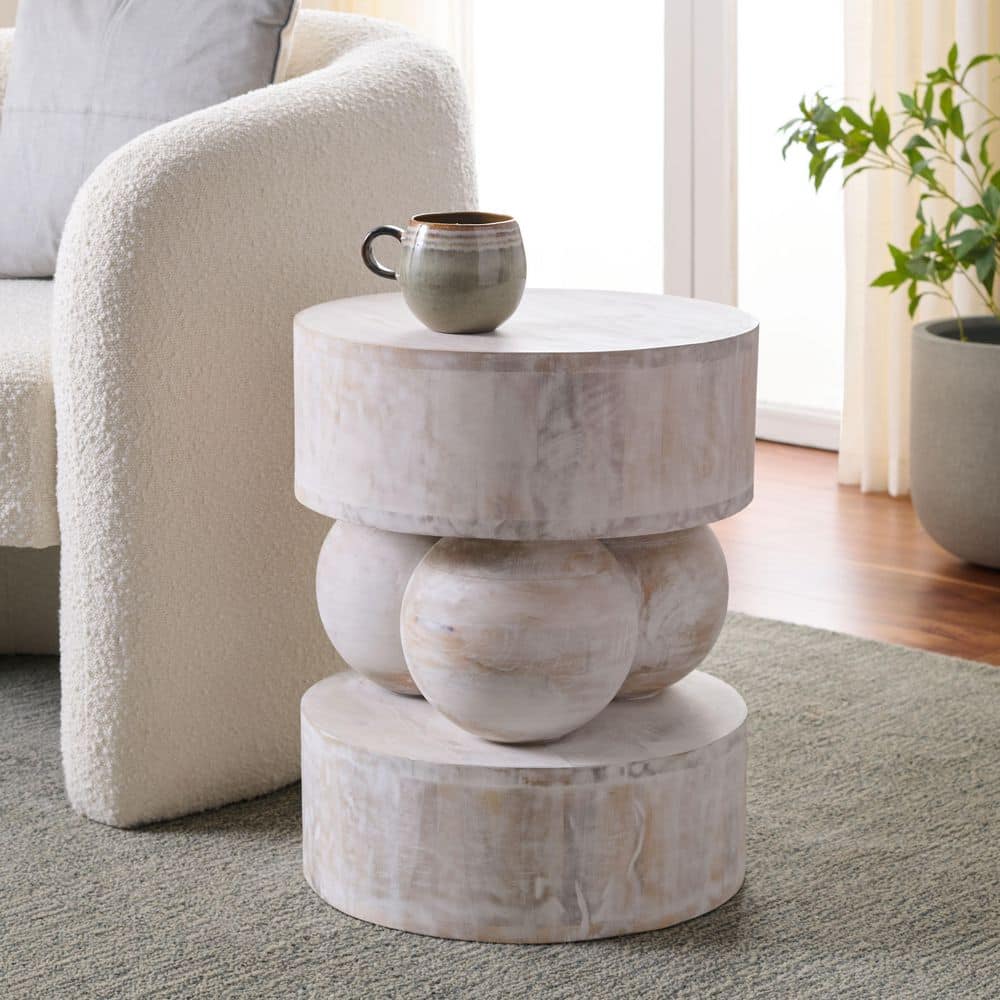 Xavier 16 in. White Washed Wood Round End Table