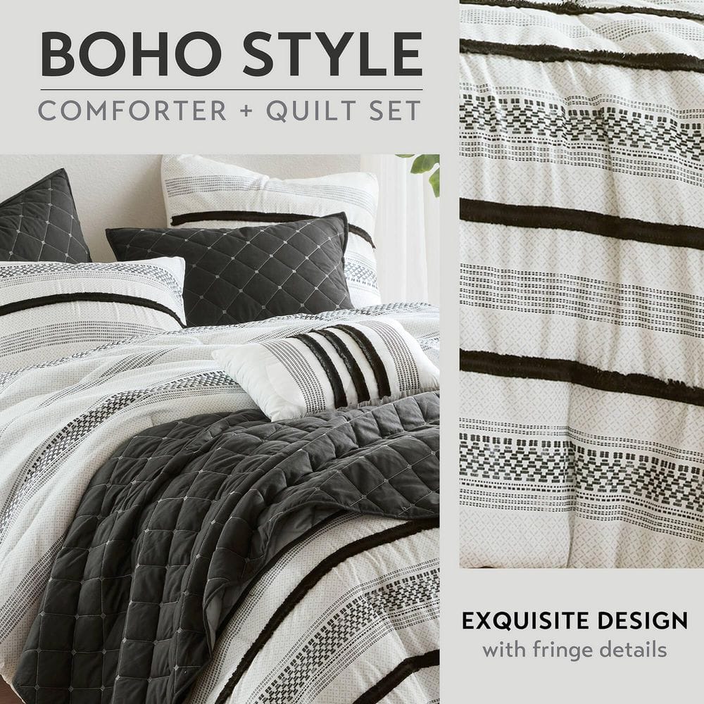 Black and White Microfiber Full Bedspread Set with Stripes