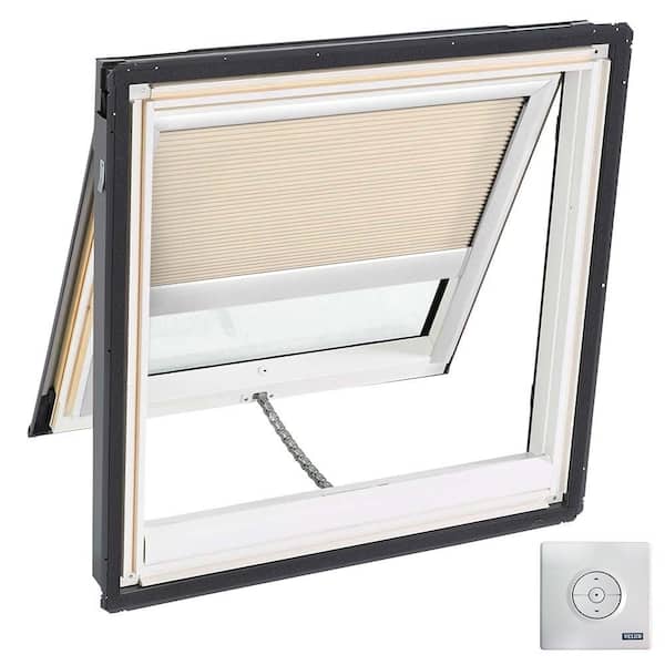 VELUX 30.06 x 37.88 in. Solar Powered Venting Deck-Mount Skylight, Laminated Low-E3 Glass, Classic Sand Light Filtering Blind