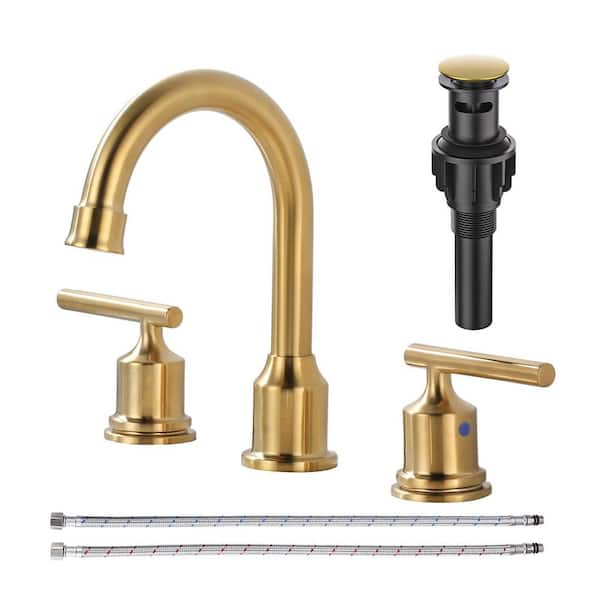 8 in. Widespread 3 Hole Double Handle Bathroom Faucet with Pop-up Drain and cUPC Water Supply Lines in Brushed Gold