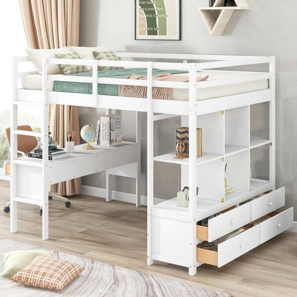 Polibi Full Size Loft Bed with Built-in Desk with 2 Drawers, and Storage Shelves and Drawers, White