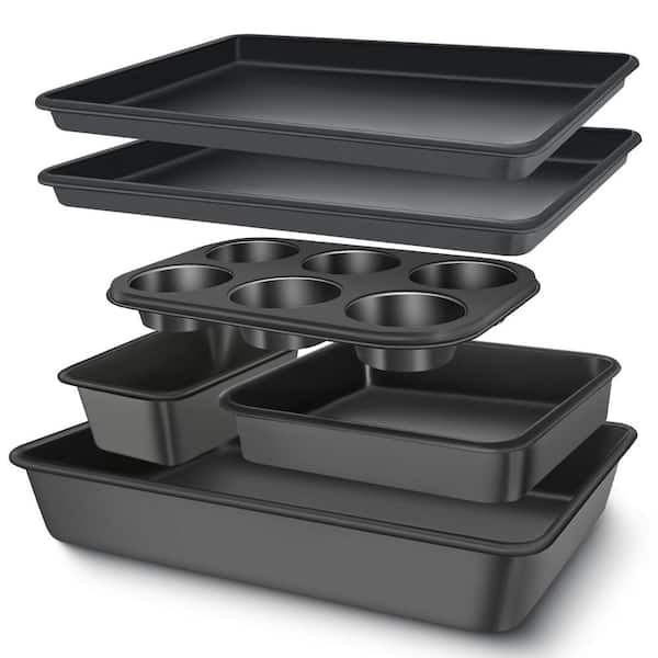 6-Piece Baking Pans Set with Cookie Sheet, Deep Roaster Pan, Square Pan, Loaf Pan, Muffin Pan for Cooking, Black