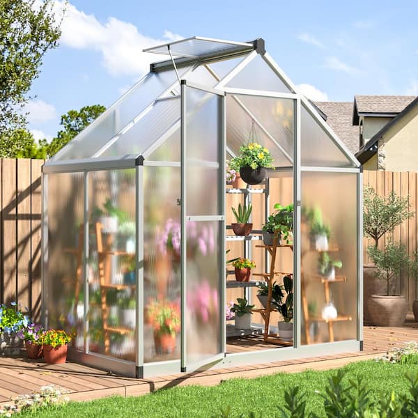 VIWAT 6 ft. W x 4 ft. D Greenhouse for Outdoors, Polycarbonate Greenhouse with Quick Setup Structure and Roof Vent, Silver