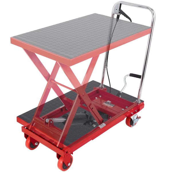 VEVOR Hydraulic Lift Table Cart 500 lbs. Capacity Manual Single Scissor Lift Cart with 4 Wheels 28.5 in. Lifting Height (Red)