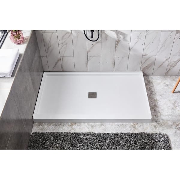 Moray 48 in. L x 36 in. W Threshold Alcove Shower Pan Base in White with Center Drain and Stainless Steel Cover