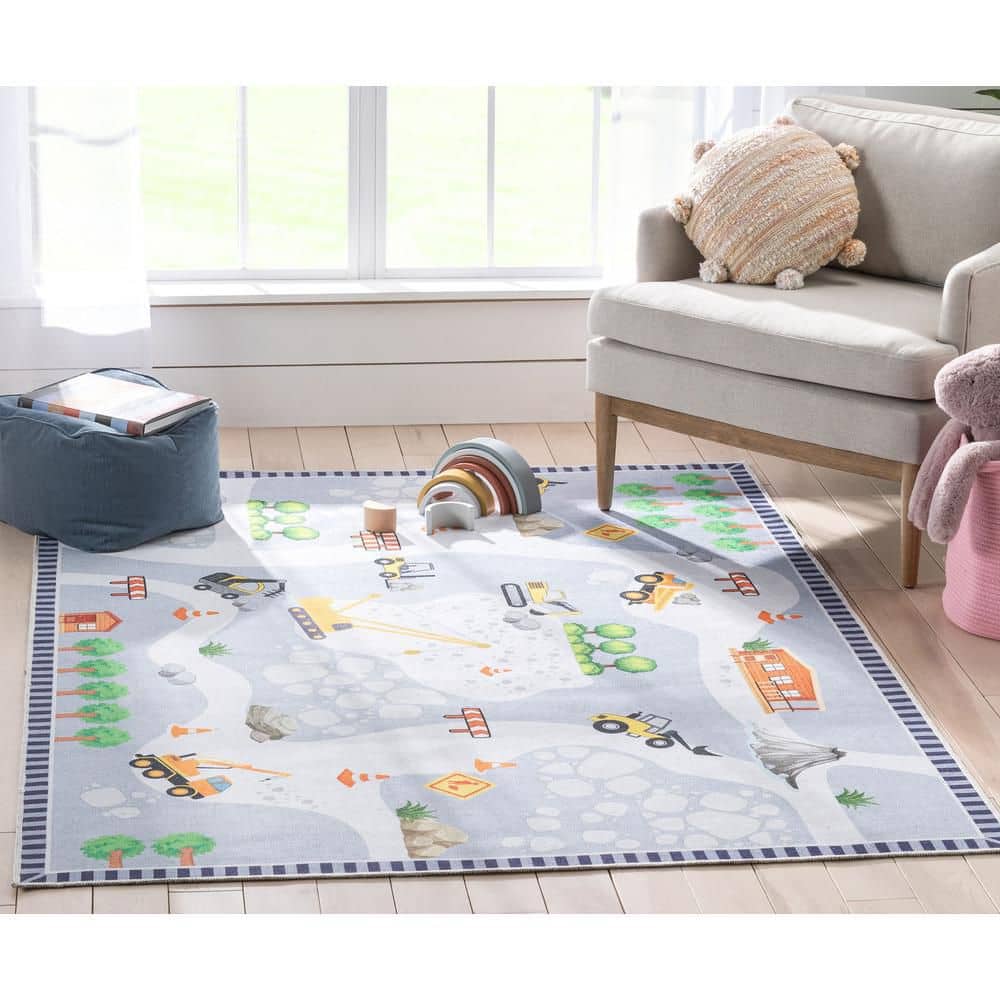 Gray Synthetic Chenille Kids Construction Playmat Rug 5' x 7'