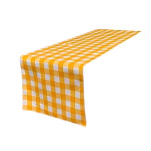 14 in. x 108 in. White and Dark Yellow Polyester Gingham Checkered Table Runner