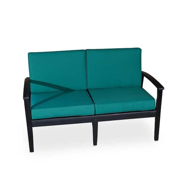 ITOPFOX Espresso Finish Wood Outdoor Eucalyptus Loveseat with Dark Green Cushions
