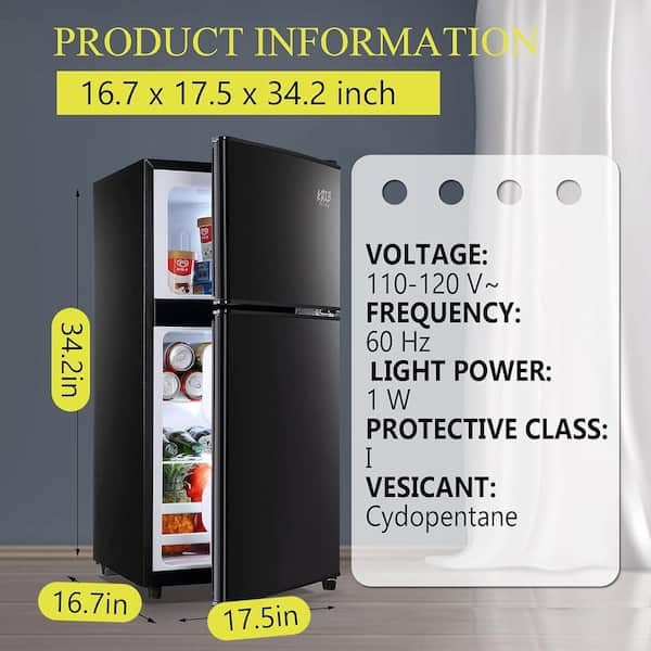 17.5 in. 3.5 Cu. ft. Compact Mini Refrigerator in Black with 2 Doors and 7 Level Thermostat Removable Shelves