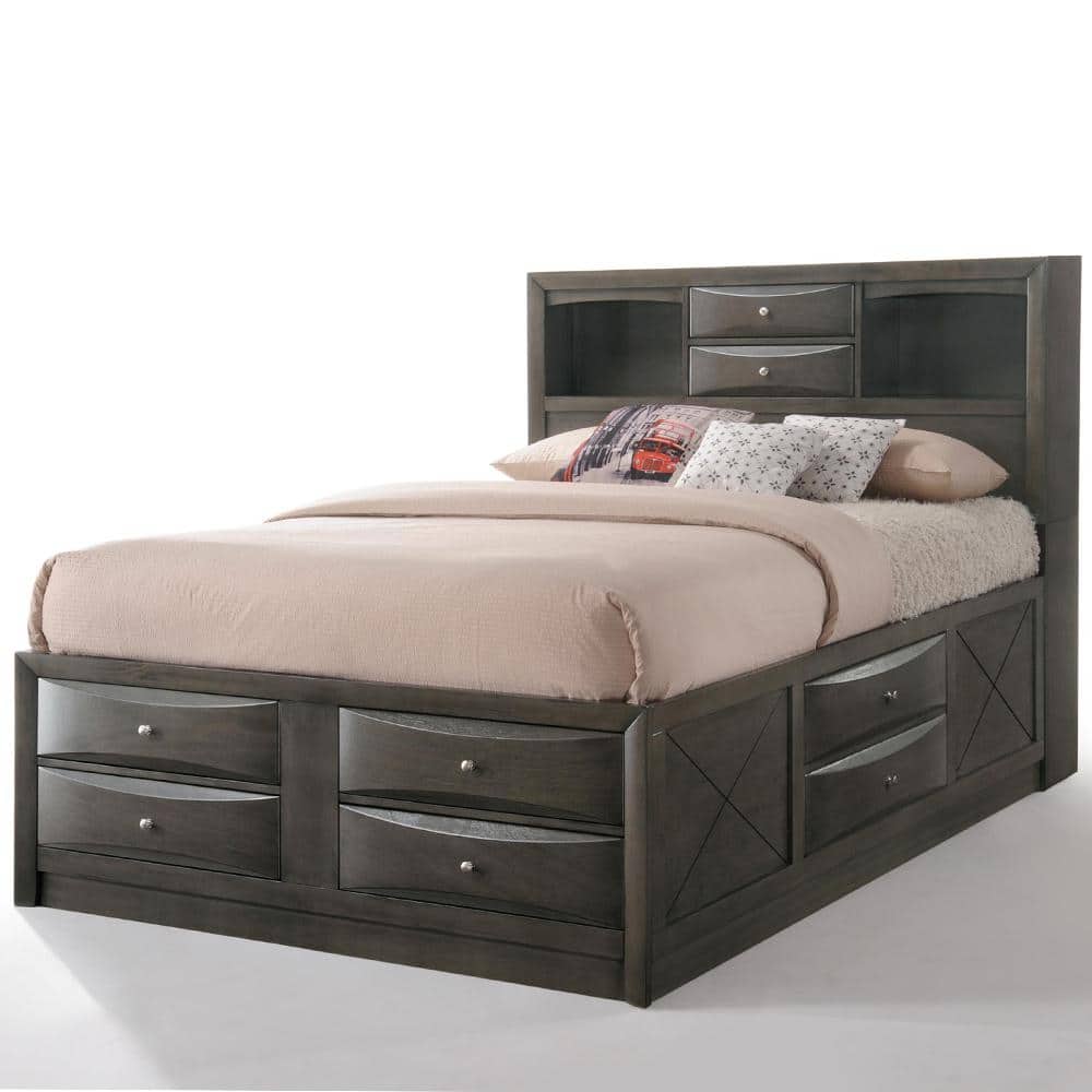 Gray Oak Upholstered King Captain's Bed with Bookcase Storage