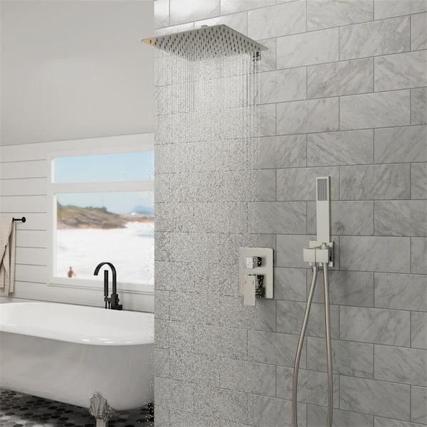 2-Spray Patterns with 2.0 GPM 12 in. Wall Mount Dual Shower Head Hand Shower Faucet in Brushed Nickel (Valve Included)