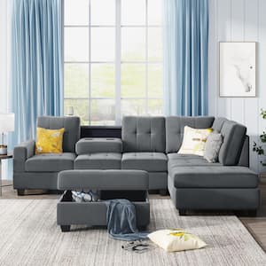 104 in. Square Arm 3-Piece Fabric L-Shaped Sectional Sofa in Gray with Storage