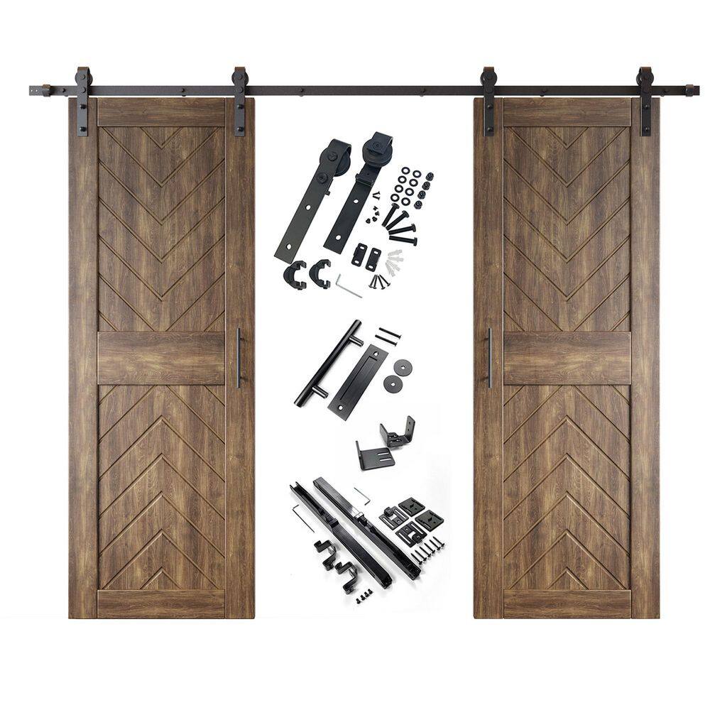 JT4 26 in. x 84 in. C-Panel Dark Walnut Fishbone Design Double Pine Wood Sliding Barn Door with Hardware Kit price history on PriceWatchPro