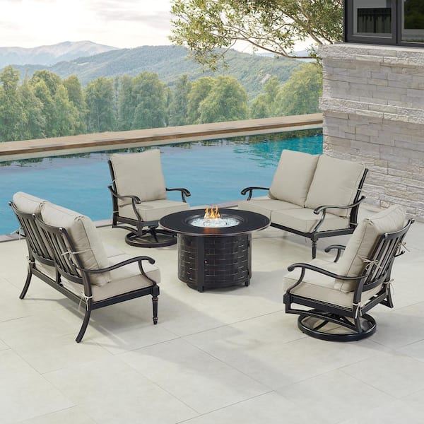 Oakland Living Black 5-Piece Aluminum Patio Fire Pit Set with Light Grey Cushions