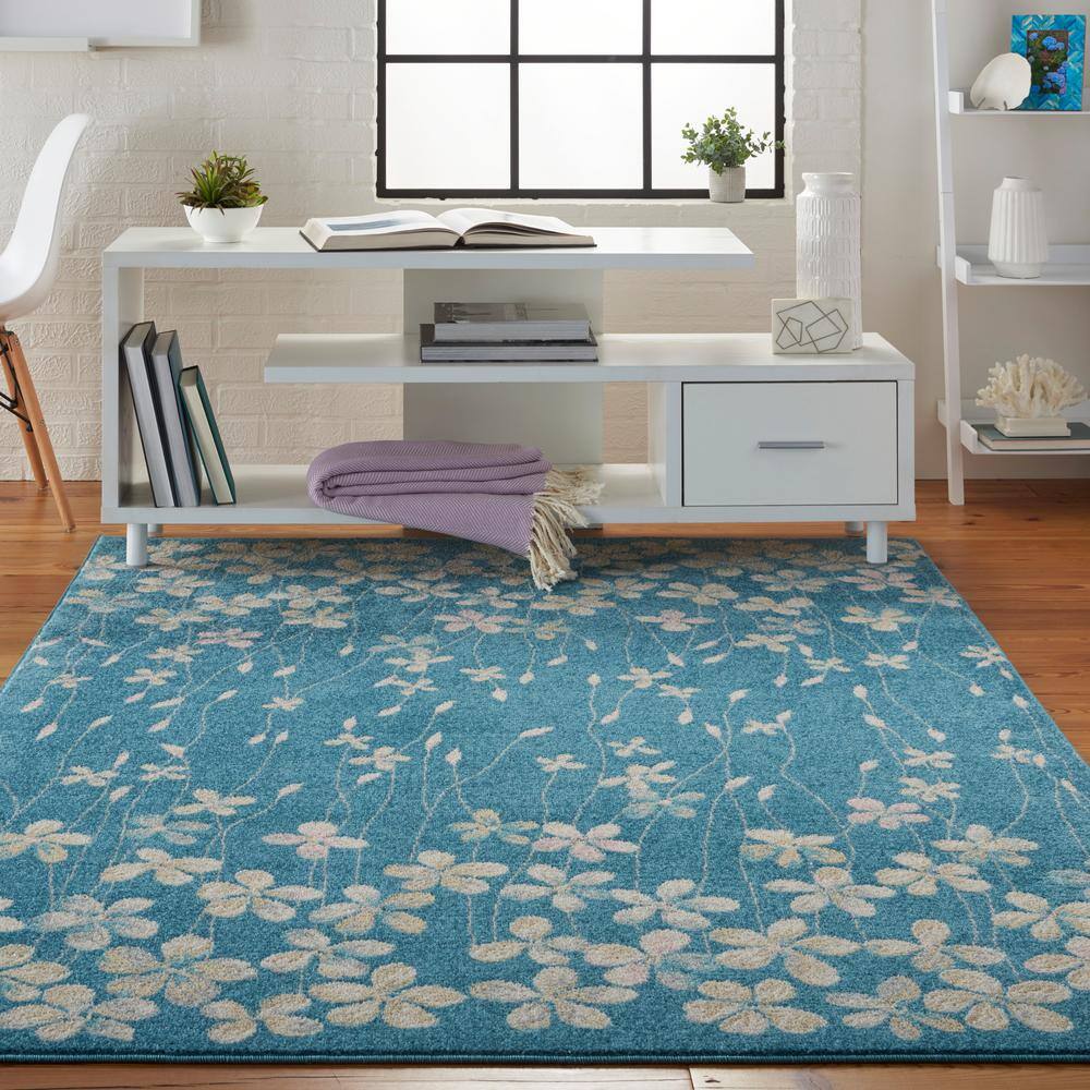 Tranquil Turquoise Floral Viscose 5'3" x 7'3" Area Rug