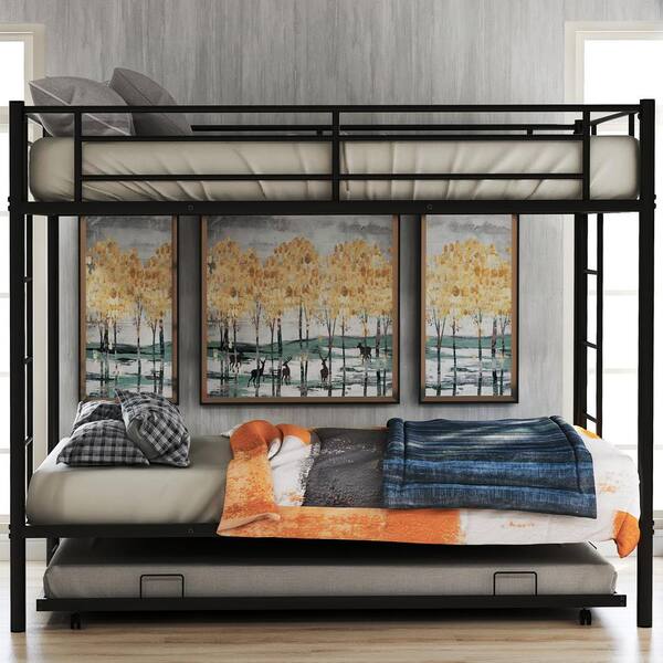 Qualfurn Chara Black Twin Over, Twin Over Full Bunk Bed With Trundle Metal