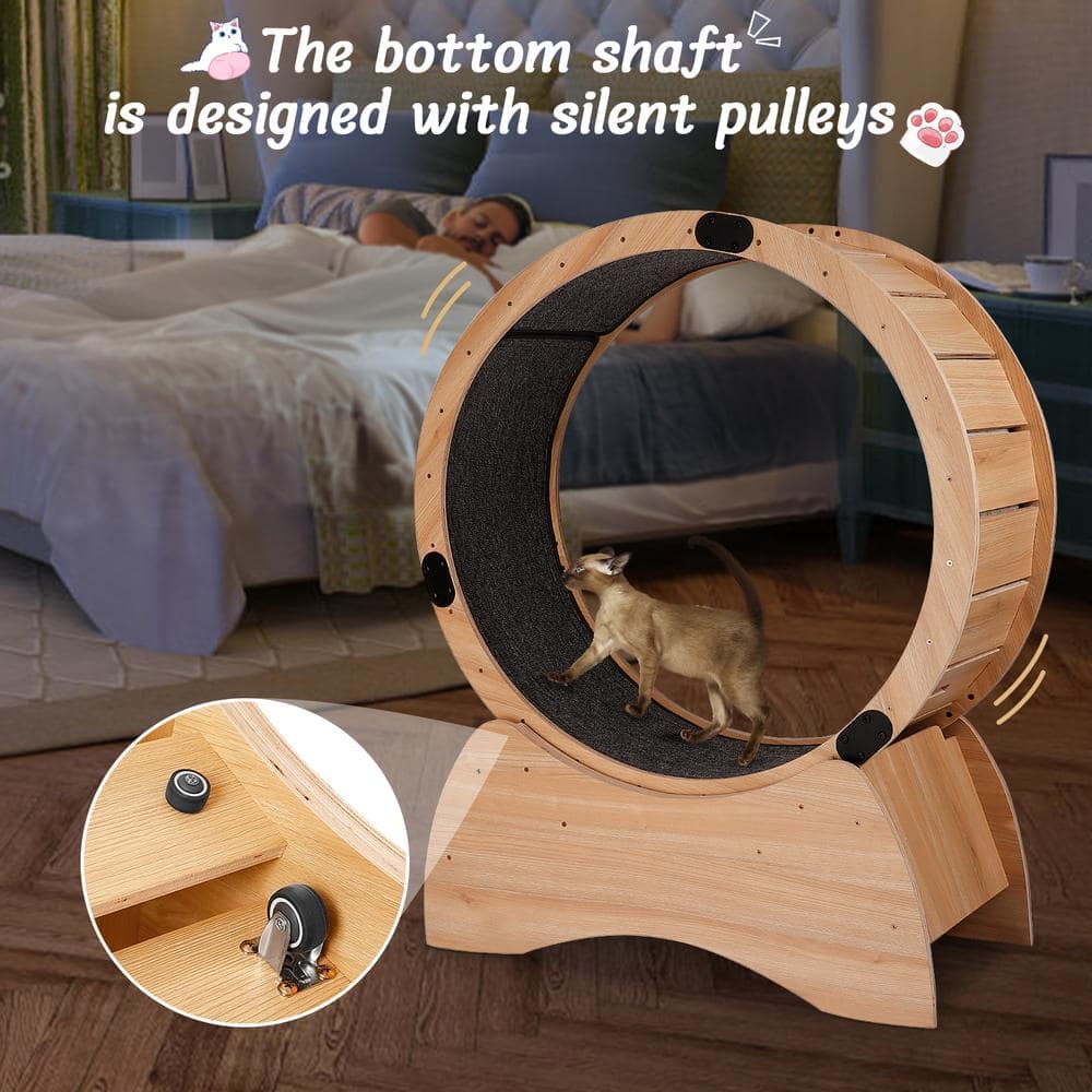 Natural Wood and Carpeted Cat Exercise Wheel with Detachable Blanket