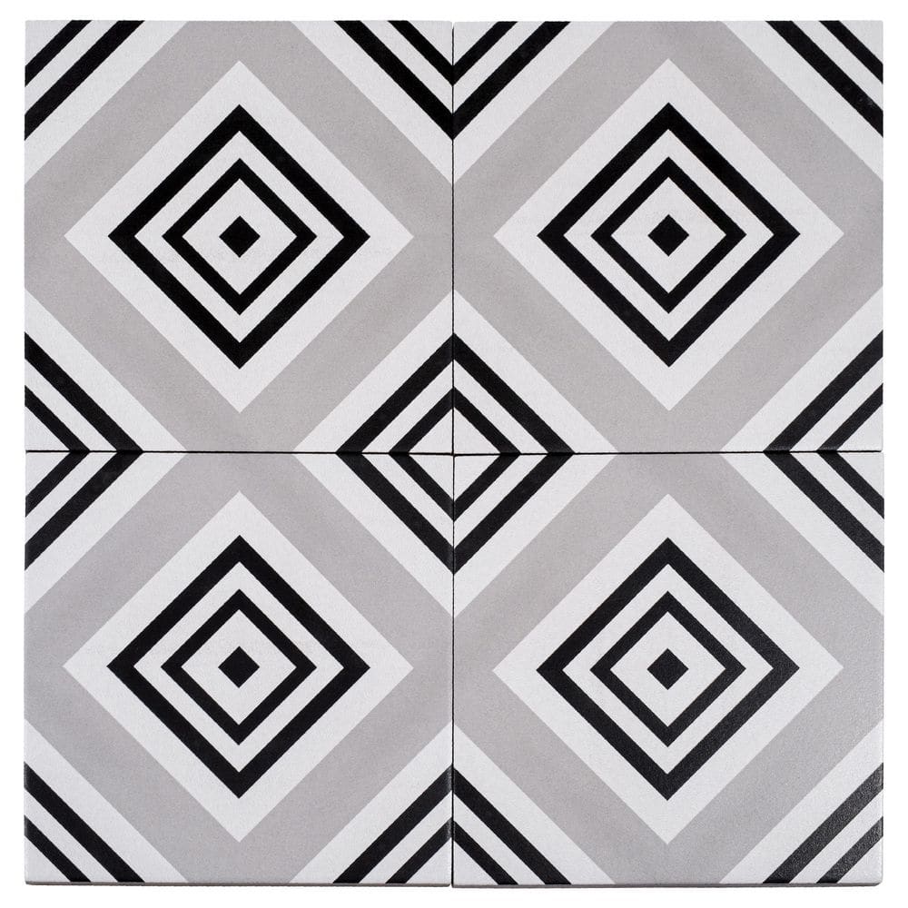 Lucia 8'' Black and White Matte Porcelain Patterned Tile