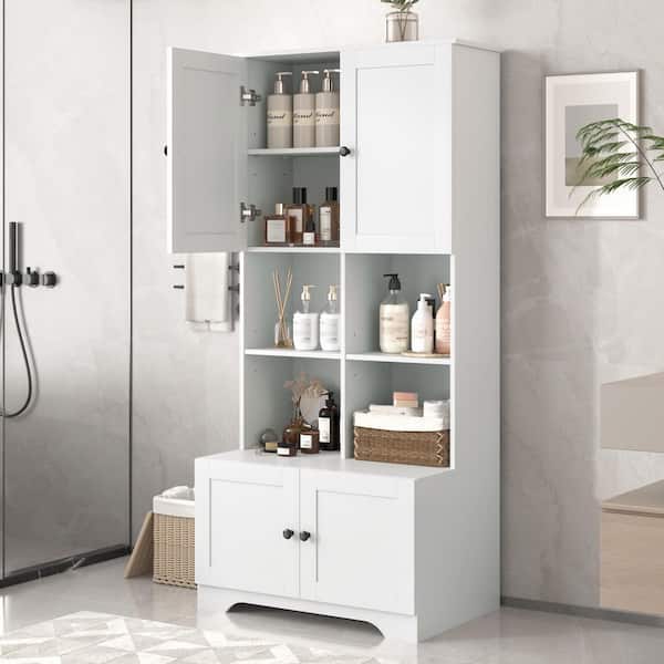 Modern 31 in. W x 16 in. D x 67 in. H White Linen Cabinet Tall and Wide Floor Storage with Doors, Drawers, Open Shelves
