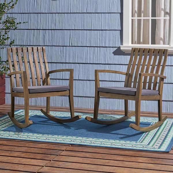 Noble House Colmena Grey Acacia Wood Outdoor Rocking Chair with Dark Grey Cushions (2-Pack)