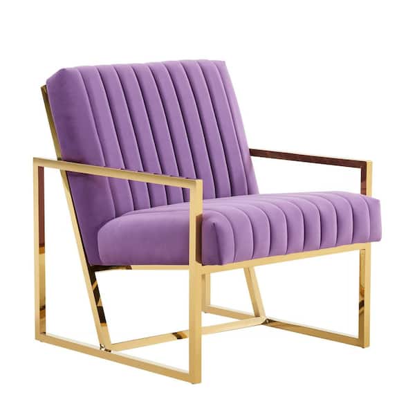 Leisuremod Montgomery Purple Modern Upholstered Velvet Pinstripe Design Accent Armchair with Gold Frame