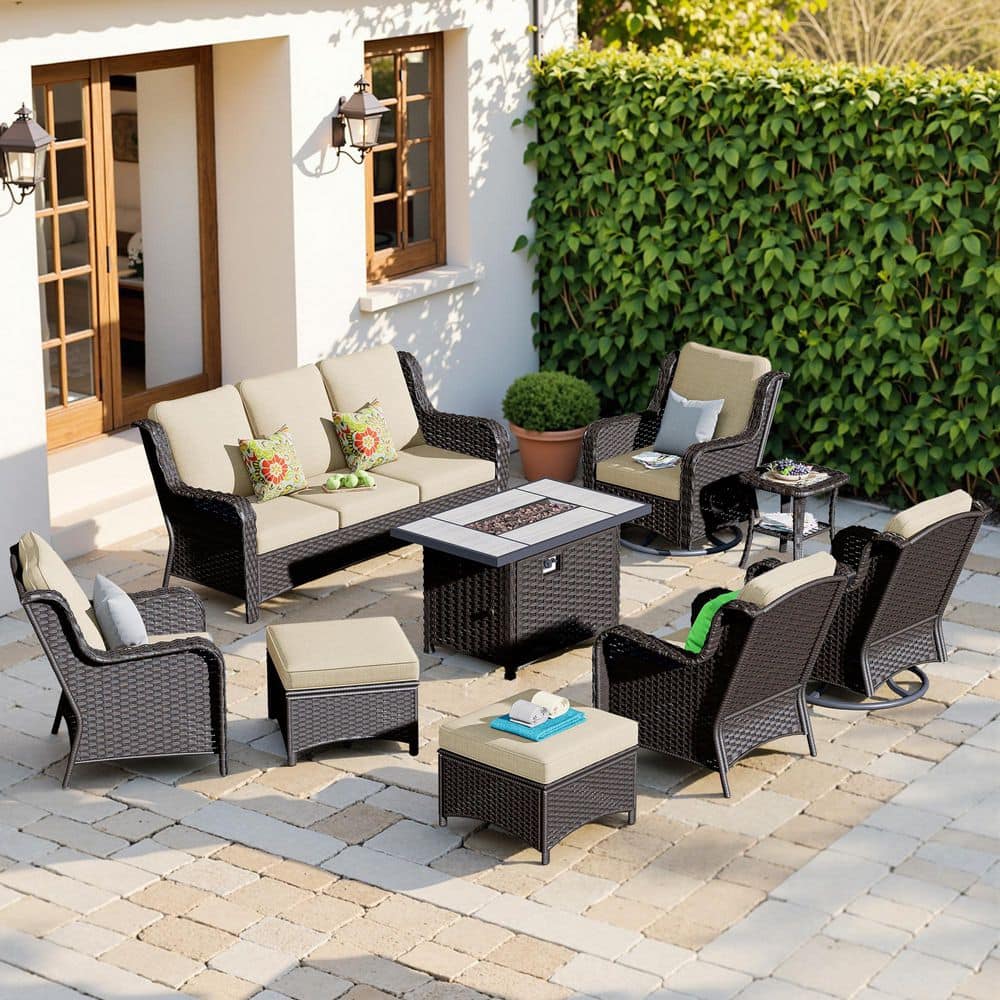 Joyoung Brown 9-Piece Wicker Patio Rectangle Fire Pit Conversation Set with Beige Cushions and Swivel Chairs price history on PriceWatchPro