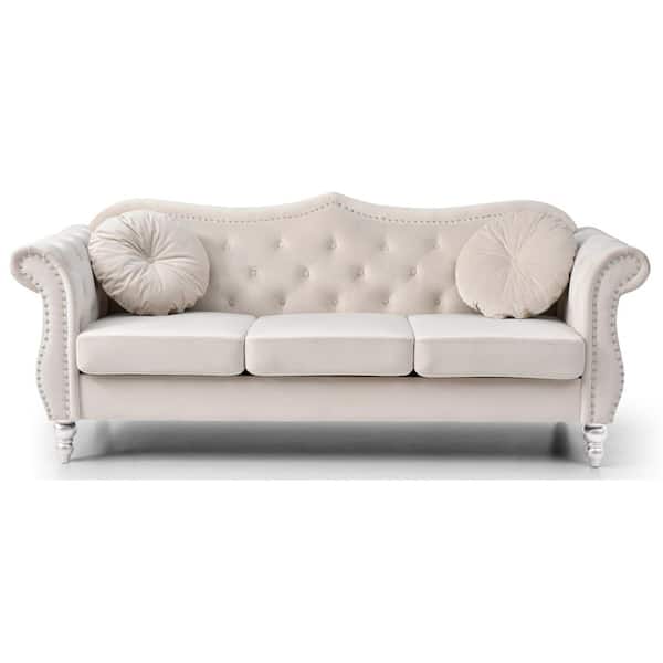 Hollywood 82 in. Round Arm Velvet Rectangle Tufted Straight Sofa in Beige