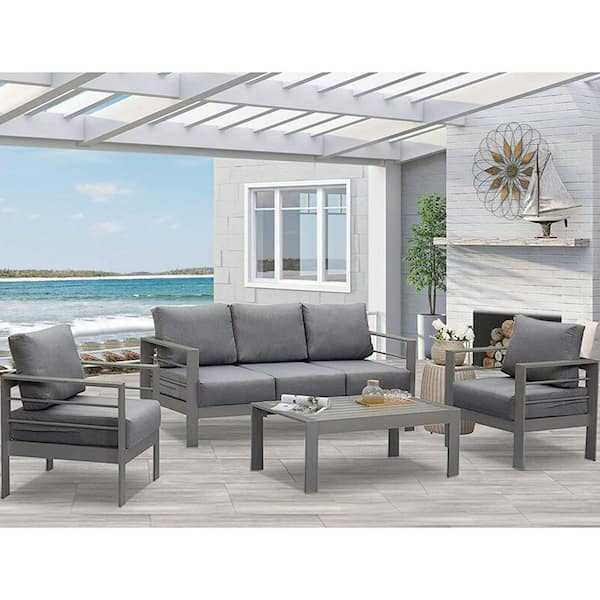 Decksplore 4 Pieces Patio Metal Conversation Set with Large Coffee Table and Gray Cushions