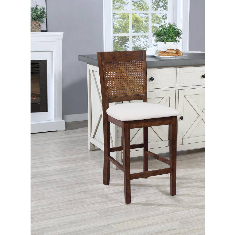 Walden 24" Brown Cane Back Counter Stool with Linen Seat