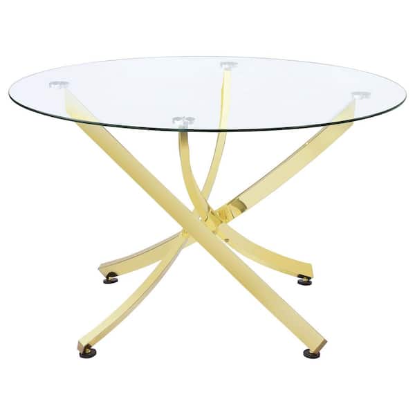 Beckham Round Brass and Clear Glass Top Asterisk Cross Legs Dining Table Seats 4