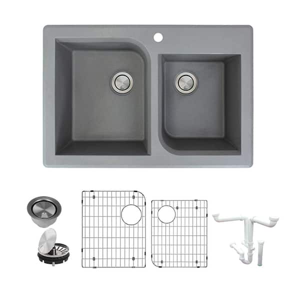 Transolid Radius All-in-One Drop-in Granite 33 in. 1-Hole 1-3/4 in. D-Shape Double Bowl Kitchen Sink in Grey