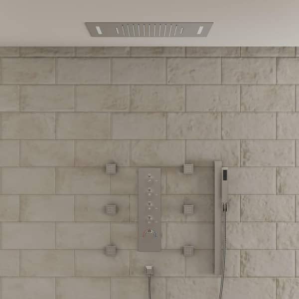 LED Thermostatic Quintuple Handle 15-Spray 23 x 15 in. Shower Faucets 2.5 GPM with Body Spray in. Brushed Nickel