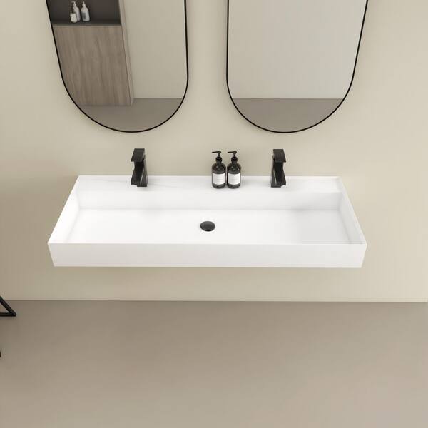 Velin 47 x 19 in. Solid Surface Wall Mount or Countertop Bathroom Vessel Sink with Double Faucet Holes in Matte White