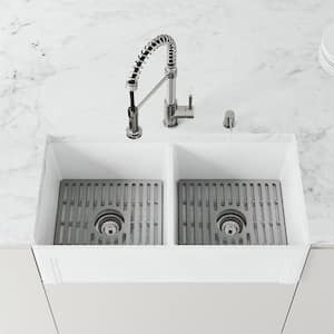 Matte Stone White Composite 36 in. Double Bowl Farmhouse Kitchen Sink with Faucet in Stainless Steel and Accessories