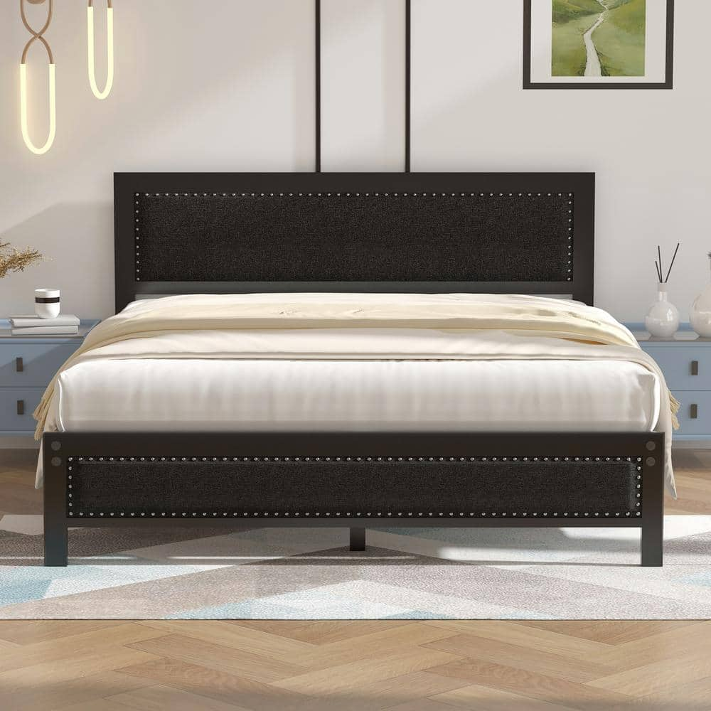 VECELO Metal Bed Frame with Black Linen Upholstered Headboard, Platform ...