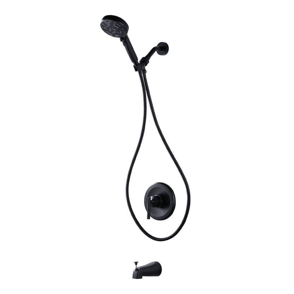 Single Handle 7-Spray Tub and Shower Faucet 1.8 GPM Handheld Shower Head with Pause Switch in Black (Valve Included)
