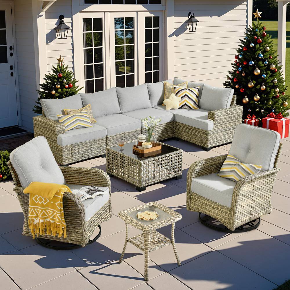 Merritt 9-Piece Wicker Outdoor Furniture Patio Conversation Sofa Set with Swivel Chairs and Light Grey Cushions price history on PriceWatchPro