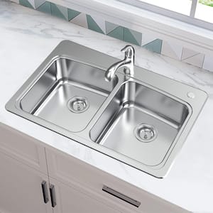 All-in-One Drop-In Stainless Steel 33 in. 2-Hole 50/50 Double Bowl Kitchen Sink with Pull-Out Faucet