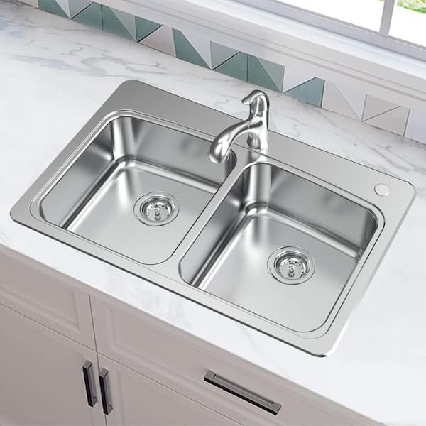 33 in. Drop-In 50/50 Double Bowl 20 Gauge Stainless Steel Kitchen Sink with Pull-Out Faucet